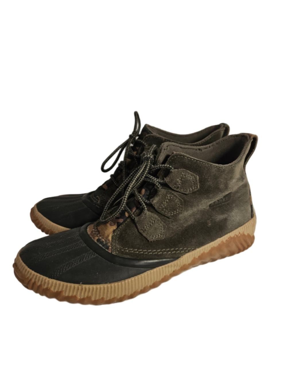 Sorel Out N About Camo Waterproof Duck Boots, Size 10, Suede Dark Olive